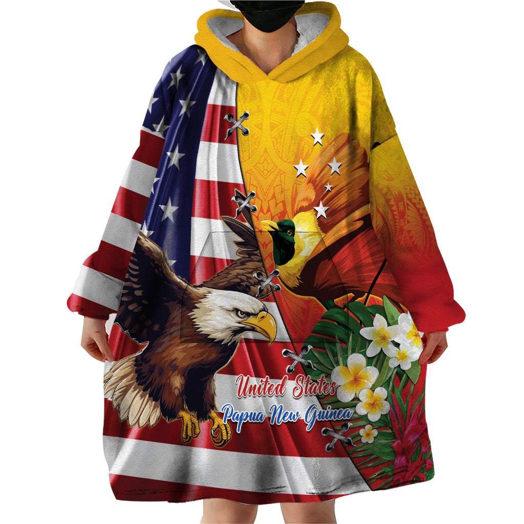 Personalised United States And Papua New Guinea Wearable Blanket Hoodie USA Eagle With PNG Bird Of Paradise LT14 - Polynesian Pride