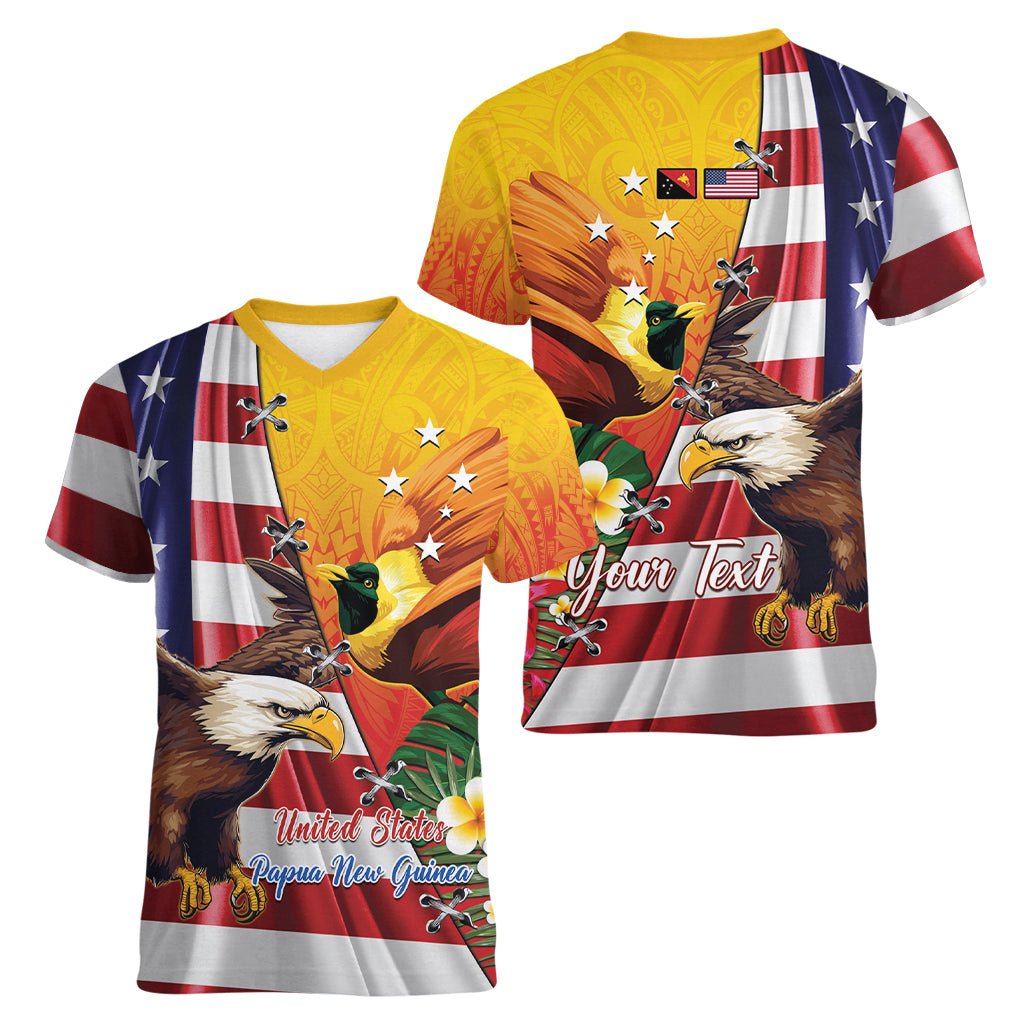 Personalised United States And Papua New Guinea Women V Neck T Shirt USA Eagle With PNG Bird Of Paradise