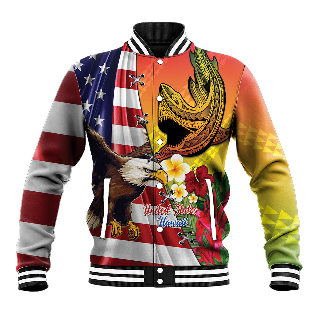 Personalised United States And Hawaii Baseball Jacket USA Eagle With Hawaiian Shark Tattoo