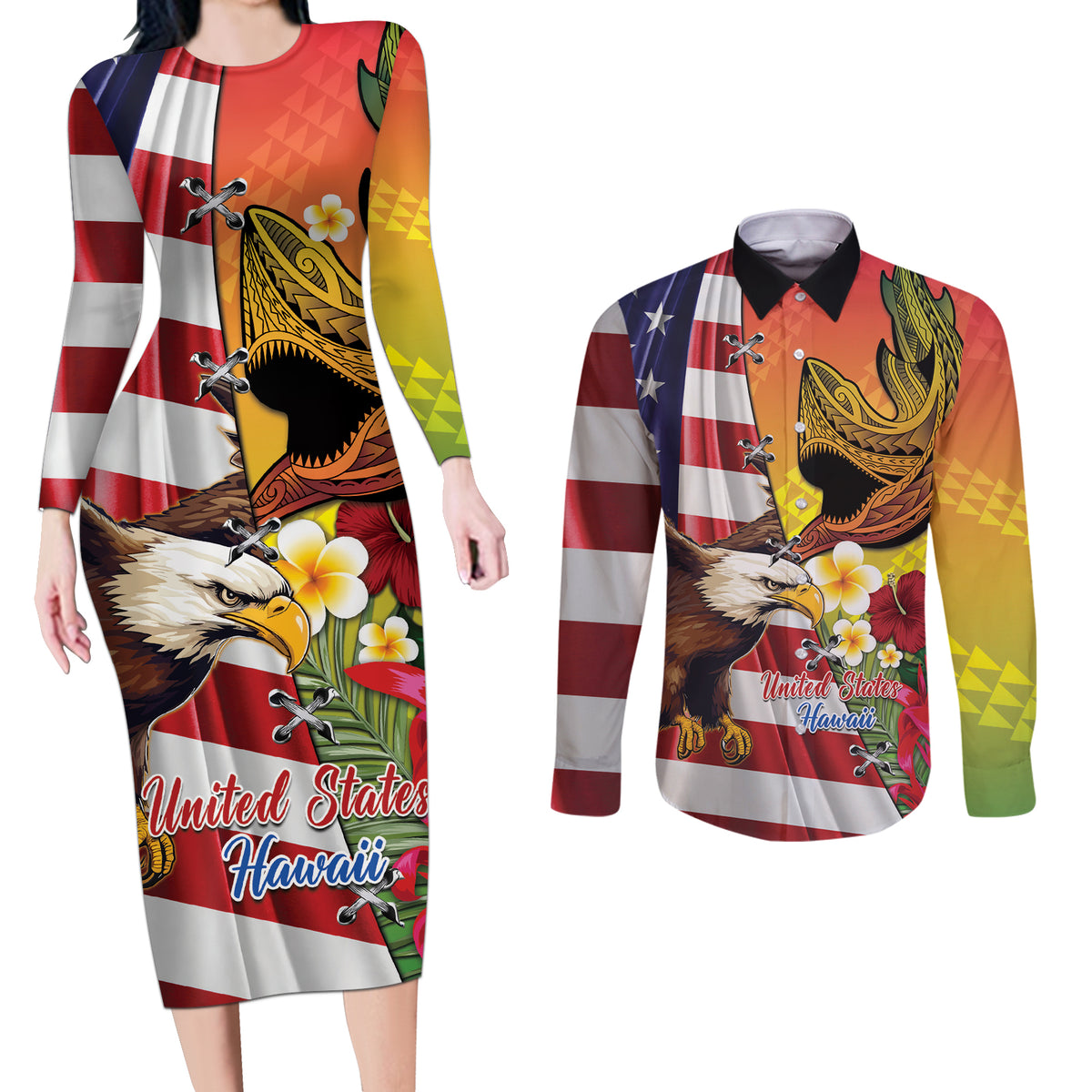Personalised United States And Hawaii Couples Matching Long Sleeve Bodycon Dress and Long Sleeve Button Shirt USA Eagle With Hawaiian Shark Tattoo LT14 Red - Polynesian Pride