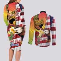 Personalised United States And Hawaii Couples Matching Long Sleeve Bodycon Dress and Long Sleeve Button Shirt USA Eagle With Hawaiian Shark Tattoo LT14 - Polynesian Pride