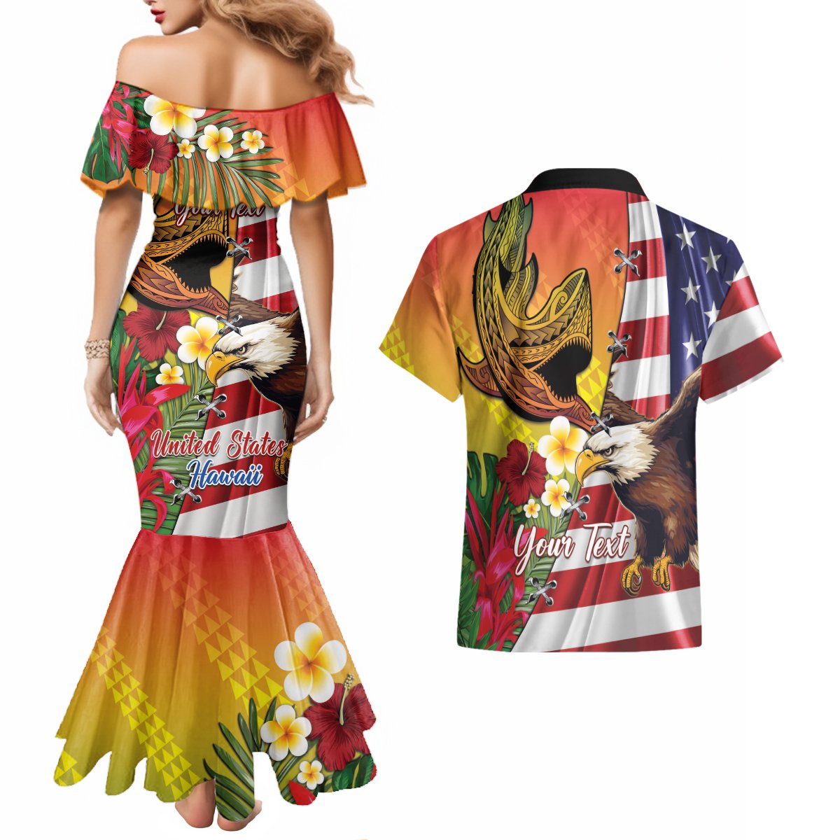 Personalised United States And Hawaii Couples Matching Mermaid Dress and Hawaiian Shirt USA Eagle With Hawaiian Shark Tattoo LT14 - Polynesian Pride