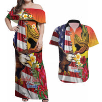 Personalised United States And Hawaii Couples Matching Off Shoulder Maxi Dress and Hawaiian Shirt USA Eagle With Hawaiian Shark Tattoo LT14 Red - Polynesian Pride