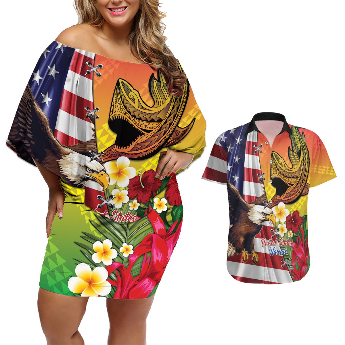 Personalised United States And Hawaii Couples Matching Off Shoulder Short Dress and Hawaiian Shirt USA Eagle With Hawaiian Shark Tattoo LT14 Red - Polynesian Pride