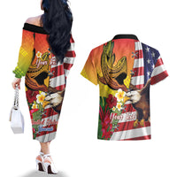 Personalised United States And Hawaii Couples Matching Off The Shoulder Long Sleeve Dress and Hawaiian Shirt USA Eagle With Hawaiian Shark Tattoo LT14 - Polynesian Pride