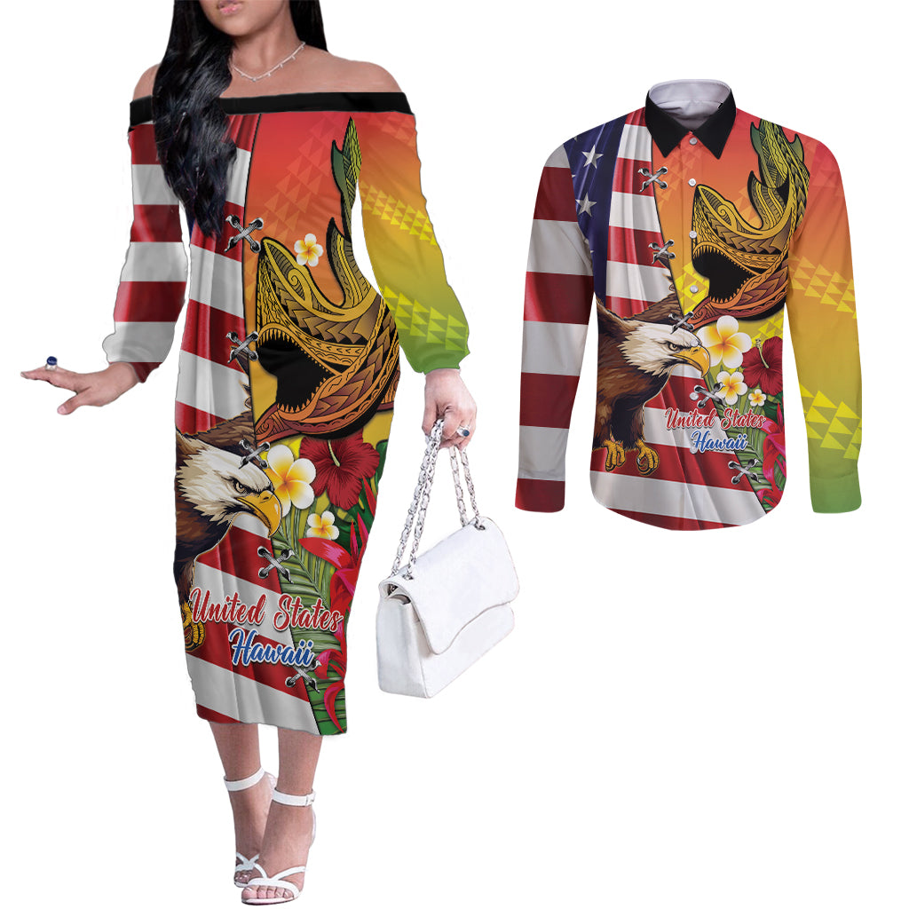Personalised United States And Hawaii Couples Matching Off The Shoulder Long Sleeve Dress and Long Sleeve Button Shirt USA Eagle With Hawaiian Shark Tattoo LT14 Red - Polynesian Pride