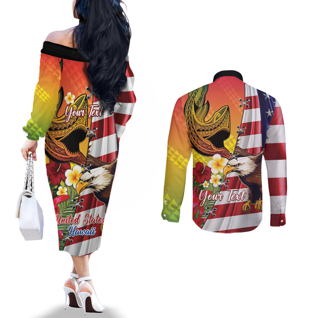 Personalised United States And Hawaii Couples Matching Off The Shoulder Long Sleeve Dress and Long Sleeve Button Shirt USA Eagle With Hawaiian Shark Tattoo LT14 - Polynesian Pride