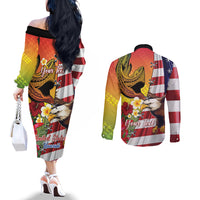 Personalised United States And Hawaii Couples Matching Off The Shoulder Long Sleeve Dress and Long Sleeve Button Shirt USA Eagle With Hawaiian Shark Tattoo LT14 - Polynesian Pride