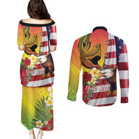 Personalised United States And Hawaii Couples Matching Puletasi and Long Sleeve Button Shirt USA Eagle With Hawaiian Shark Tattoo
