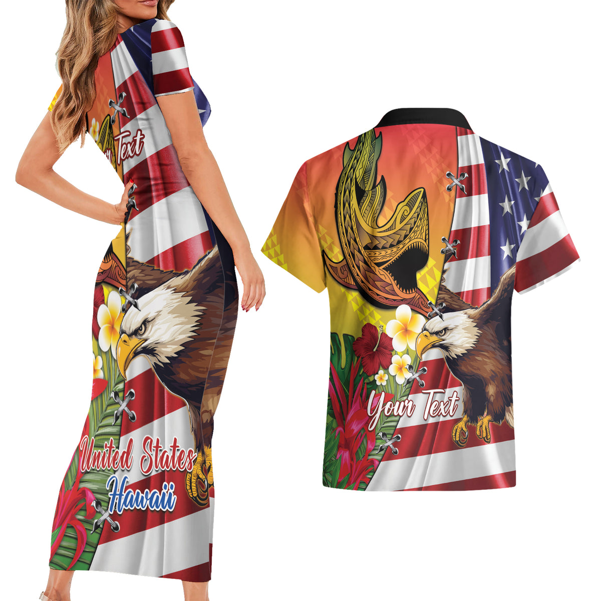 Personalised United States And Hawaii Couples Matching Short Sleeve Bodycon Dress and Hawaiian Shirt USA Eagle With Hawaiian Shark Tattoo LT14 - Polynesian Pride