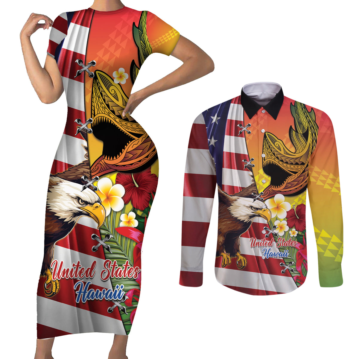 Personalised United States And Hawaii Couples Matching Short Sleeve Bodycon Dress and Long Sleeve Button Shirt USA Eagle With Hawaiian Shark Tattoo LT14 Red - Polynesian Pride