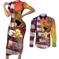 Personalised United States And Hawaii Couples Matching Short Sleeve Bodycon Dress and Long Sleeve Button Shirt USA Eagle With Hawaiian Shark Tattoo LT14 Red - Polynesian Pride