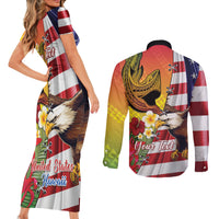 Personalised United States And Hawaii Couples Matching Short Sleeve Bodycon Dress and Long Sleeve Button Shirt USA Eagle With Hawaiian Shark Tattoo LT14 - Polynesian Pride