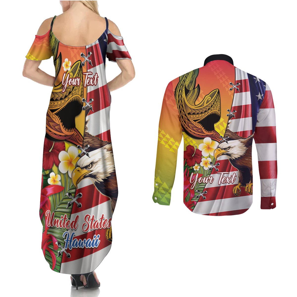 Personalised United States And Hawaii Couples Matching Summer Maxi Dress and Long Sleeve Button Shirt USA Eagle With Hawaiian Shark Tattoo