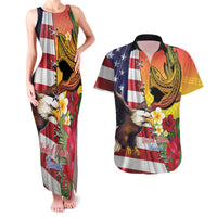 Personalised United States And Hawaii Couples Matching Tank Maxi Dress and Hawaiian Shirt USA Eagle With Hawaiian Shark Tattoo LT14 Red - Polynesian Pride