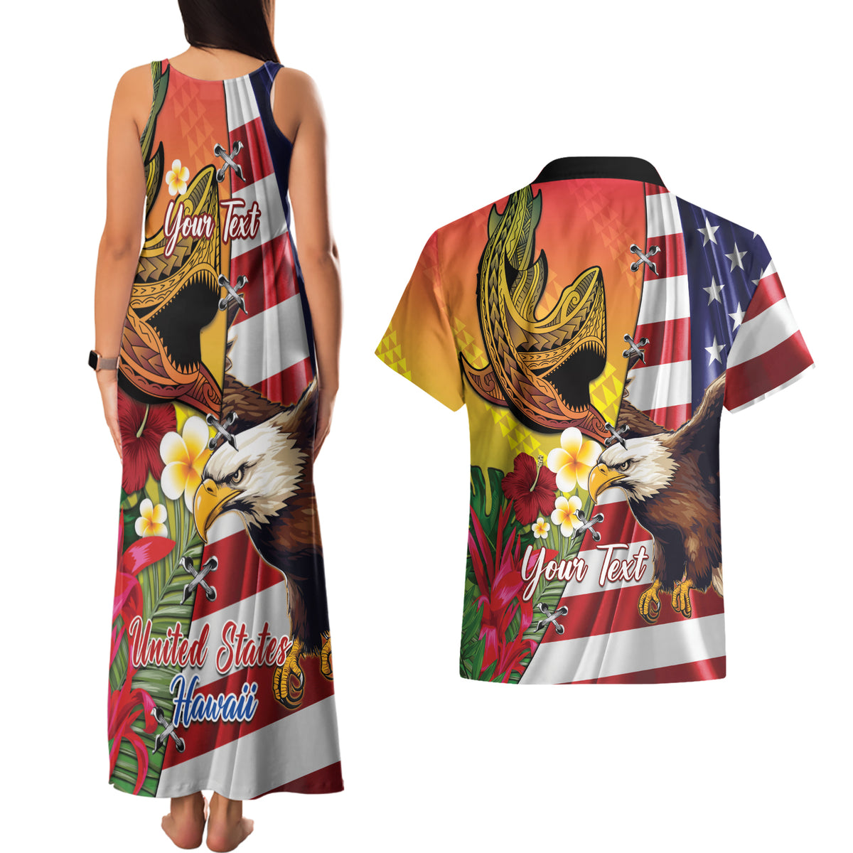Personalised United States And Hawaii Couples Matching Tank Maxi Dress and Hawaiian Shirt USA Eagle With Hawaiian Shark Tattoo LT14 - Polynesian Pride