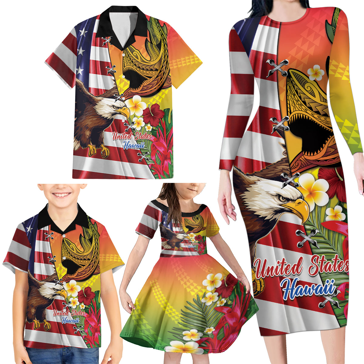 Personalised United States And Hawaii Family Matching Long Sleeve Bodycon Dress and Hawaiian Shirt USA Eagle With Hawaiian Shark Tattoo LT14 - Polynesian Pride