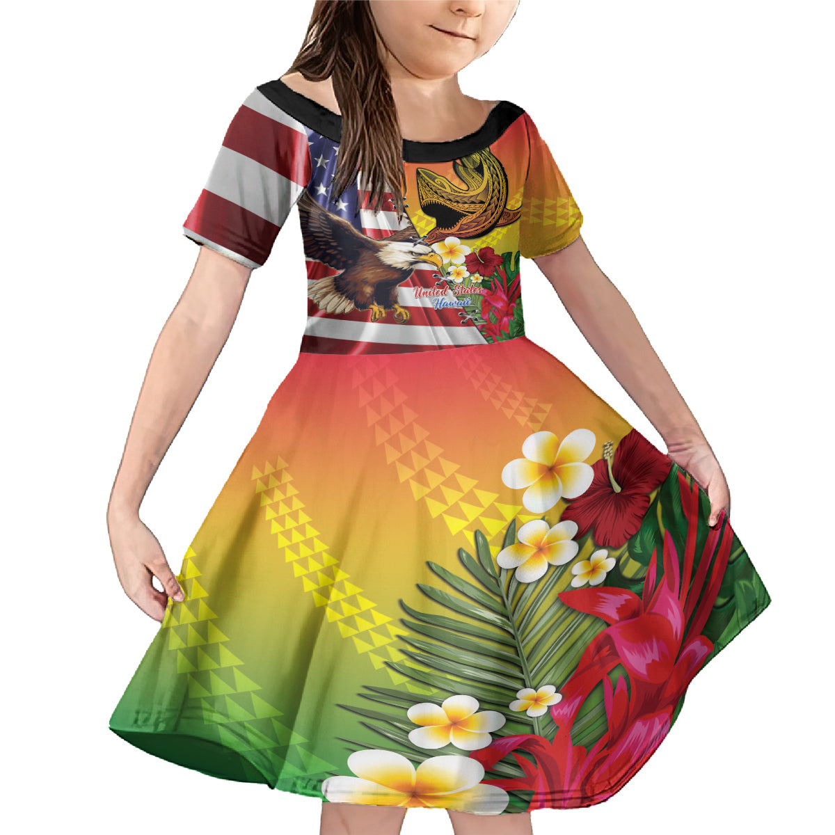 Personalised United States And Hawaii Family Matching Mermaid Dress and Hawaiian Shirt USA Eagle With Hawaiian Shark Tattoo LT14 Daughter's Dress Red - Polynesian Pride