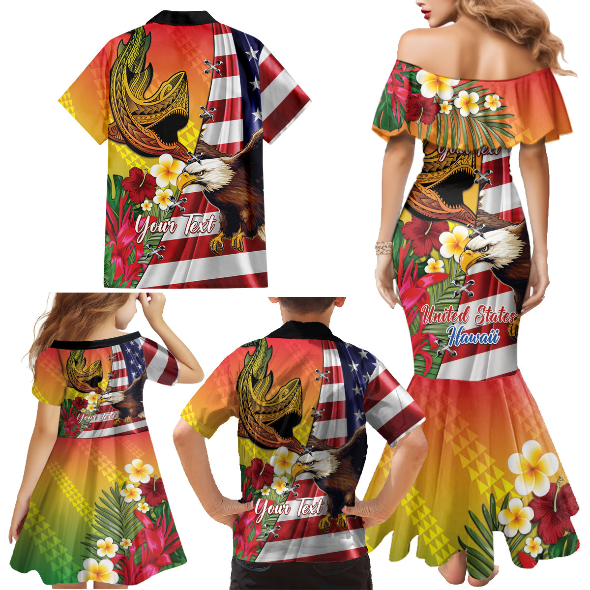 Personalised United States And Hawaii Family Matching Mermaid Dress and Hawaiian Shirt USA Eagle With Hawaiian Shark Tattoo LT14 - Polynesian Pride