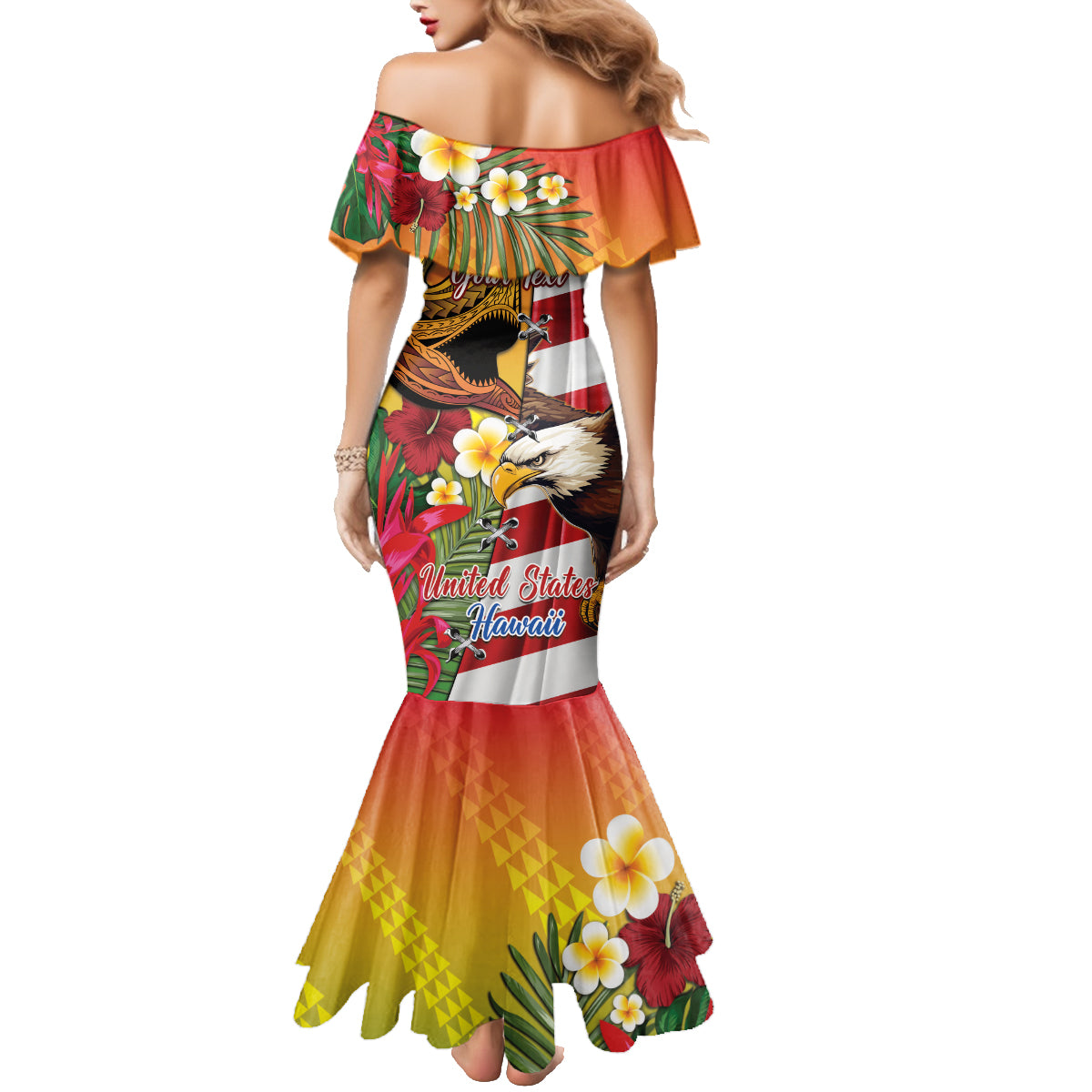 Personalised United States And Hawaii Family Matching Mermaid Dress and Hawaiian Shirt USA Eagle With Hawaiian Shark Tattoo LT14 - Polynesian Pride