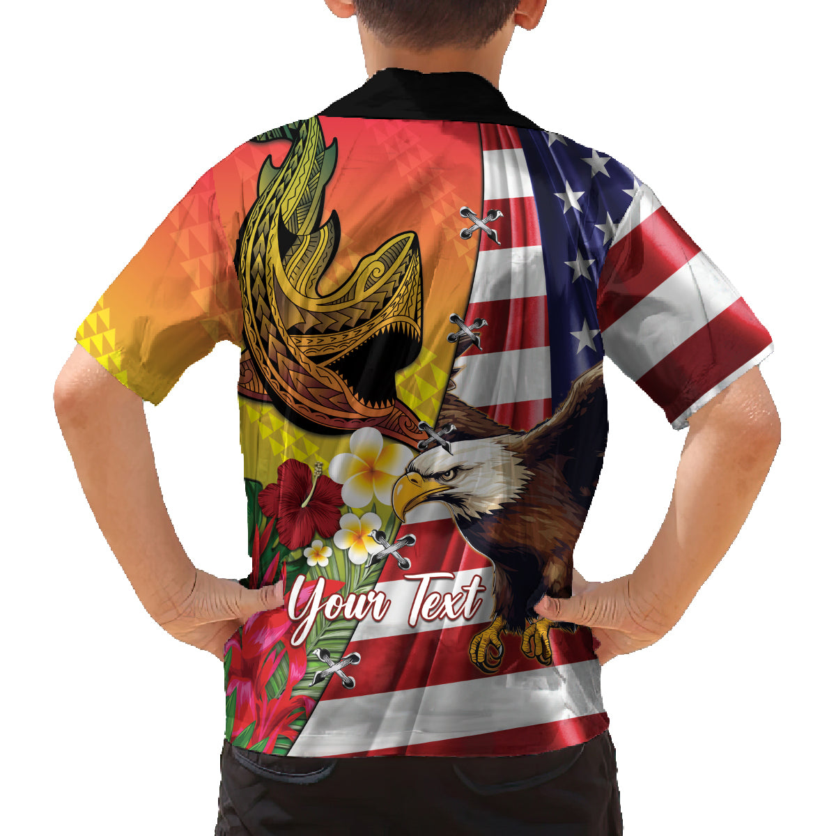 Personalised United States And Hawaii Family Matching Off The Shoulder Long Sleeve Dress and Hawaiian Shirt USA Eagle With Hawaiian Shark Tattoo LT14 - Polynesian Pride