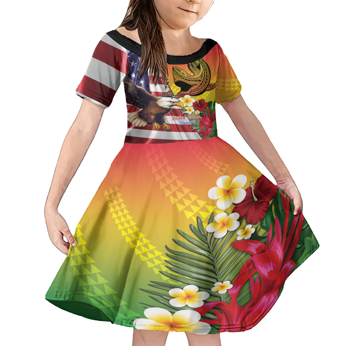 Personalised United States And Hawaii Family Matching Off The Shoulder Long Sleeve Dress and Hawaiian Shirt USA Eagle With Hawaiian Shark Tattoo LT14 Daughter's Dress Red - Polynesian Pride