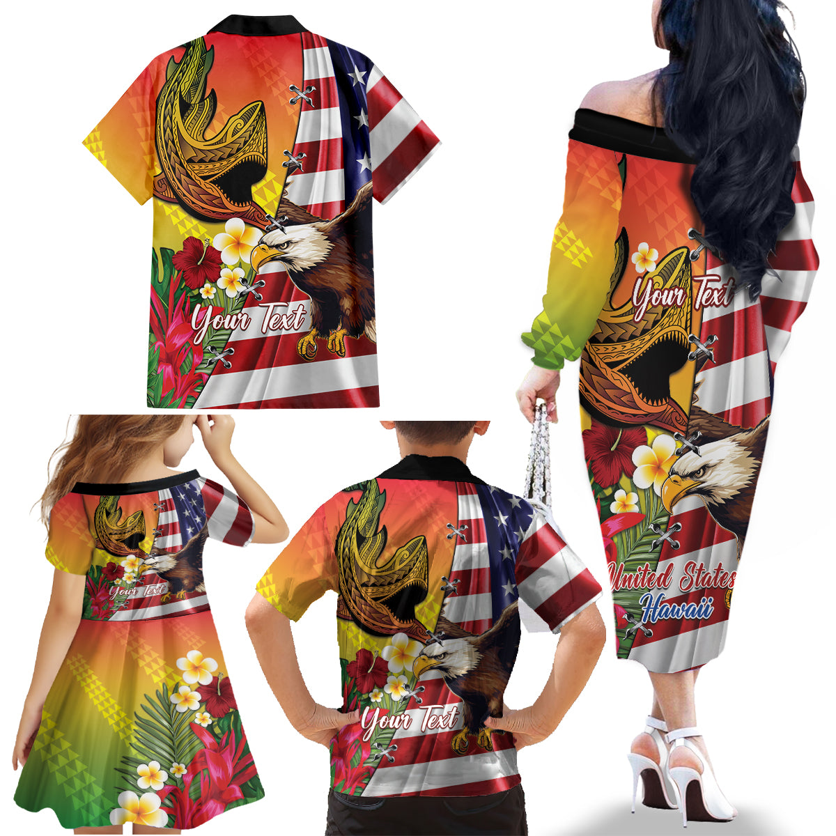 Personalised United States And Hawaii Family Matching Off The Shoulder Long Sleeve Dress and Hawaiian Shirt USA Eagle With Hawaiian Shark Tattoo LT14 - Polynesian Pride
