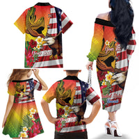 Personalised United States And Hawaii Family Matching Off The Shoulder Long Sleeve Dress and Hawaiian Shirt USA Eagle With Hawaiian Shark Tattoo LT14 - Polynesian Pride
