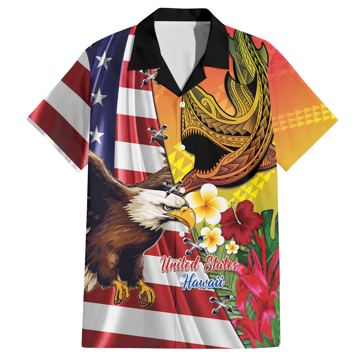 Personalised United States And Hawaii Family Matching Off The Shoulder Long Sleeve Dress and Hawaiian Shirt USA Eagle With Hawaiian Shark Tattoo LT14 Dad's Shirt - Short Sleeve Red - Polynesian Pride