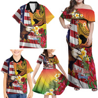 Personalised United States And Hawaii Family Matching Off Shoulder Maxi Dress and Hawaiian Shirt USA Eagle With Hawaiian Shark Tattoo LT14 - Polynesian Pride