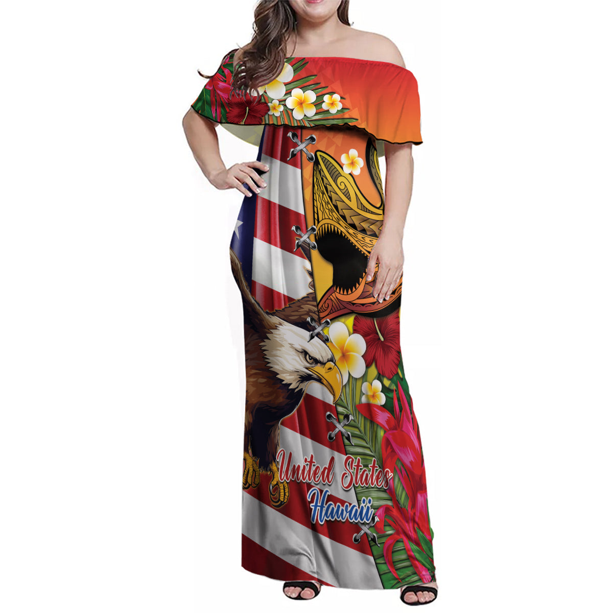 Personalised United States And Hawaii Family Matching Off Shoulder Maxi Dress and Hawaiian Shirt USA Eagle With Hawaiian Shark Tattoo LT14 Mom's Dress Red - Polynesian Pride
