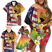 Personalised United States And Hawaii Family Matching Off Shoulder Short Dress and Hawaiian Shirt USA Eagle With Hawaiian Shark Tattoo LT14 - Polynesian Pride