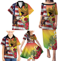 Personalised United States And Hawaii Family Matching Puletasi and Hawaiian Shirt USA Eagle With Hawaiian Shark Tattoo LT14 - Polynesian Pride