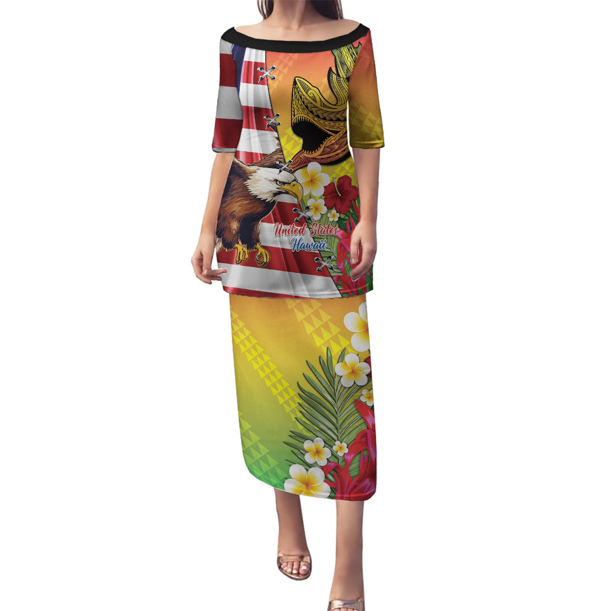Personalised United States And Hawaii Family Matching Puletasi and Hawaiian Shirt USA Eagle With Hawaiian Shark Tattoo LT14 Mom's Dress Red - Polynesian Pride