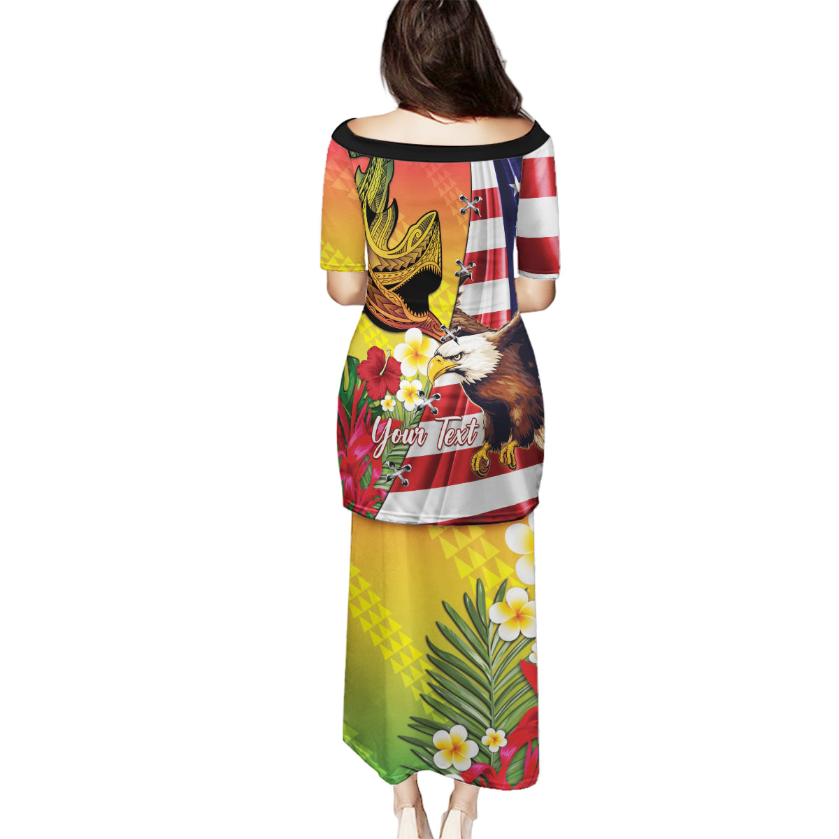 Personalised United States And Hawaii Family Matching Puletasi and Hawaiian Shirt USA Eagle With Hawaiian Shark Tattoo LT14 - Polynesian Pride