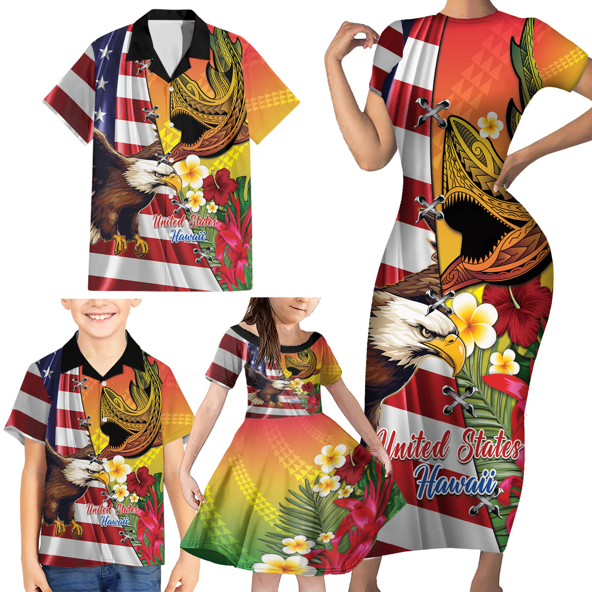 Personalised United States And Hawaii Family Matching Short Sleeve Bodycon Dress and Hawaiian Shirt USA Eagle With Hawaiian Shark Tattoo LT14 - Polynesian Pride