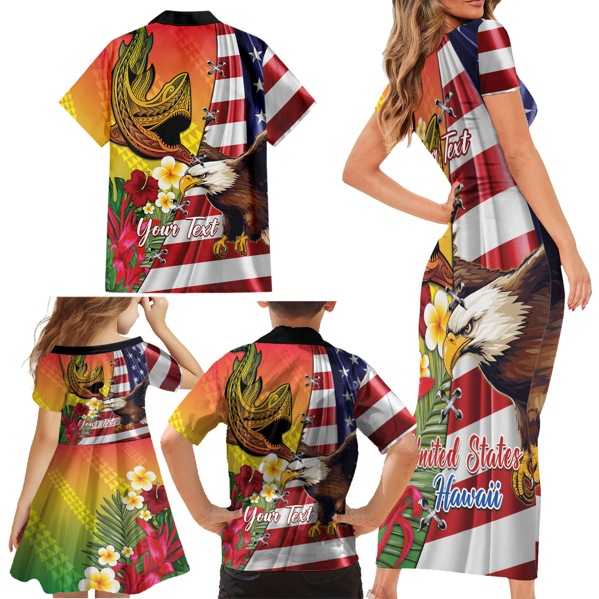 Personalised United States And Hawaii Family Matching Short Sleeve Bodycon Dress and Hawaiian Shirt USA Eagle With Hawaiian Shark Tattoo LT14 - Polynesian Pride