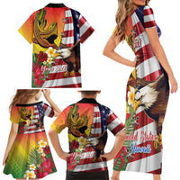 Personalised United States And Hawaii Family Matching Short Sleeve Bodycon Dress and Hawaiian Shirt USA Eagle With Hawaiian Shark Tattoo LT14 - Polynesian Pride