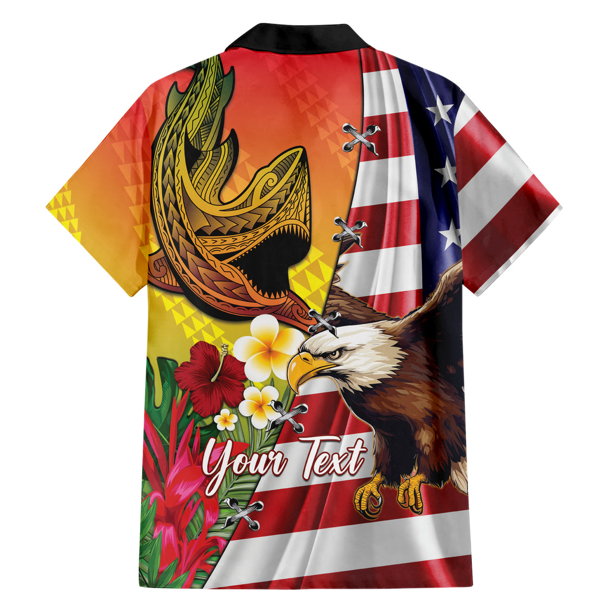 Personalised United States And Hawaii Family Matching Short Sleeve Bodycon Dress and Hawaiian Shirt USA Eagle With Hawaiian Shark Tattoo LT14 - Polynesian Pride