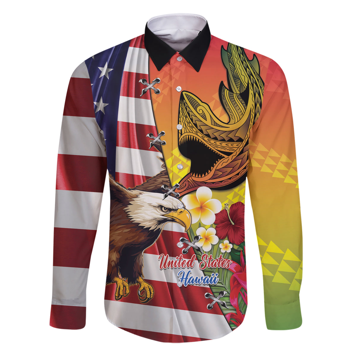 Personalised United States And Hawaii Family Matching Short Sleeve Bodycon Dress and Hawaiian Shirt USA Eagle With Hawaiian Shark Tattoo LT14 Dad's Shirt - Long Sleeve Red - Polynesian Pride