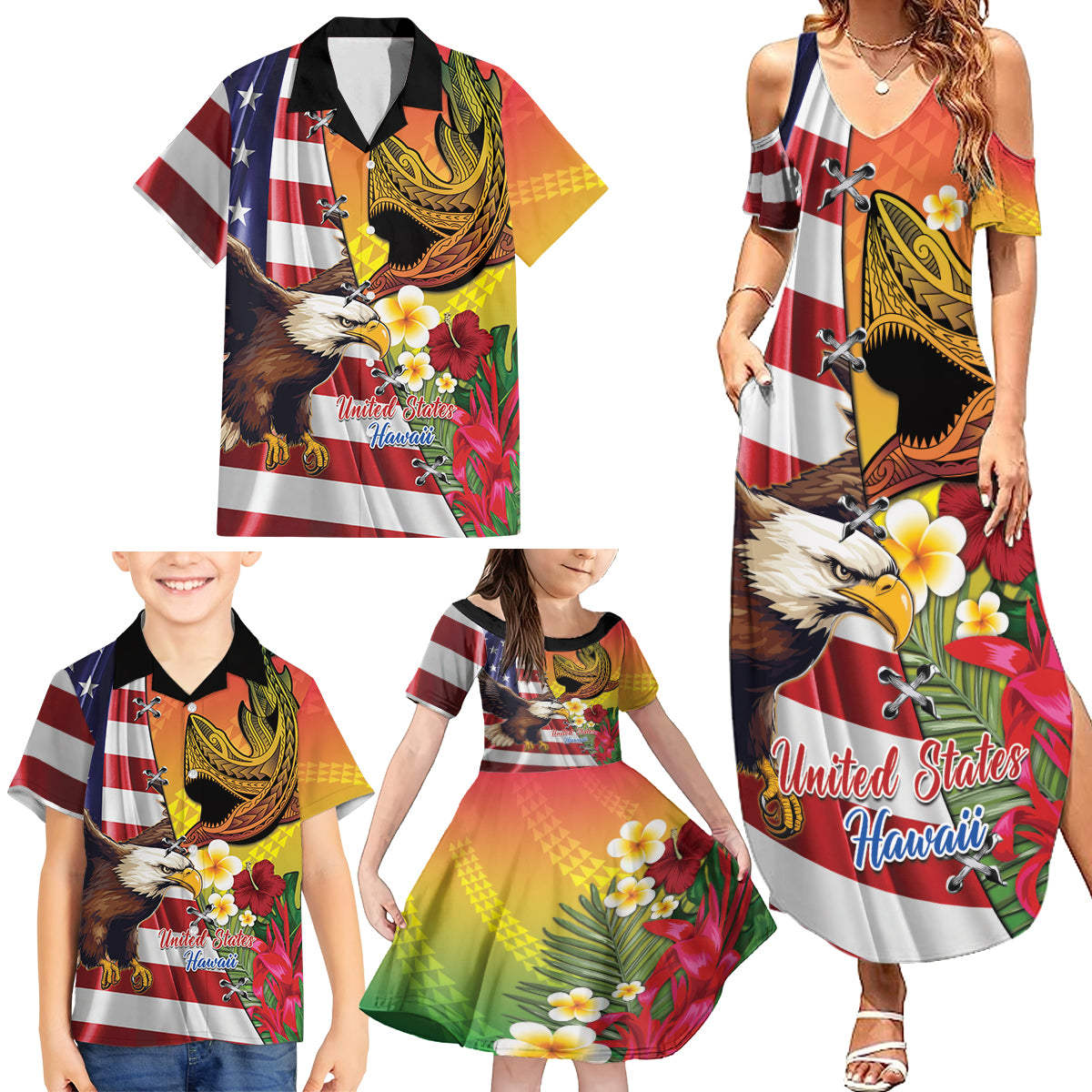 Personalised United States And Hawaii Family Matching Summer Maxi Dress and Hawaiian Shirt USA Eagle With Hawaiian Shark Tattoo LT14 - Polynesian Pride