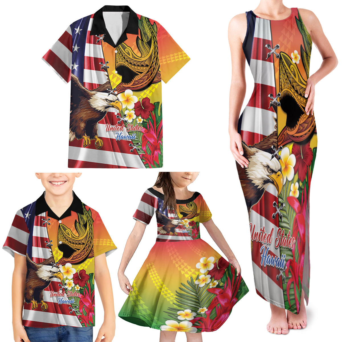 Personalised United States And Hawaii Family Matching Tank Maxi Dress and Hawaiian Shirt USA Eagle With Hawaiian Shark Tattoo LT14 - Polynesian Pride