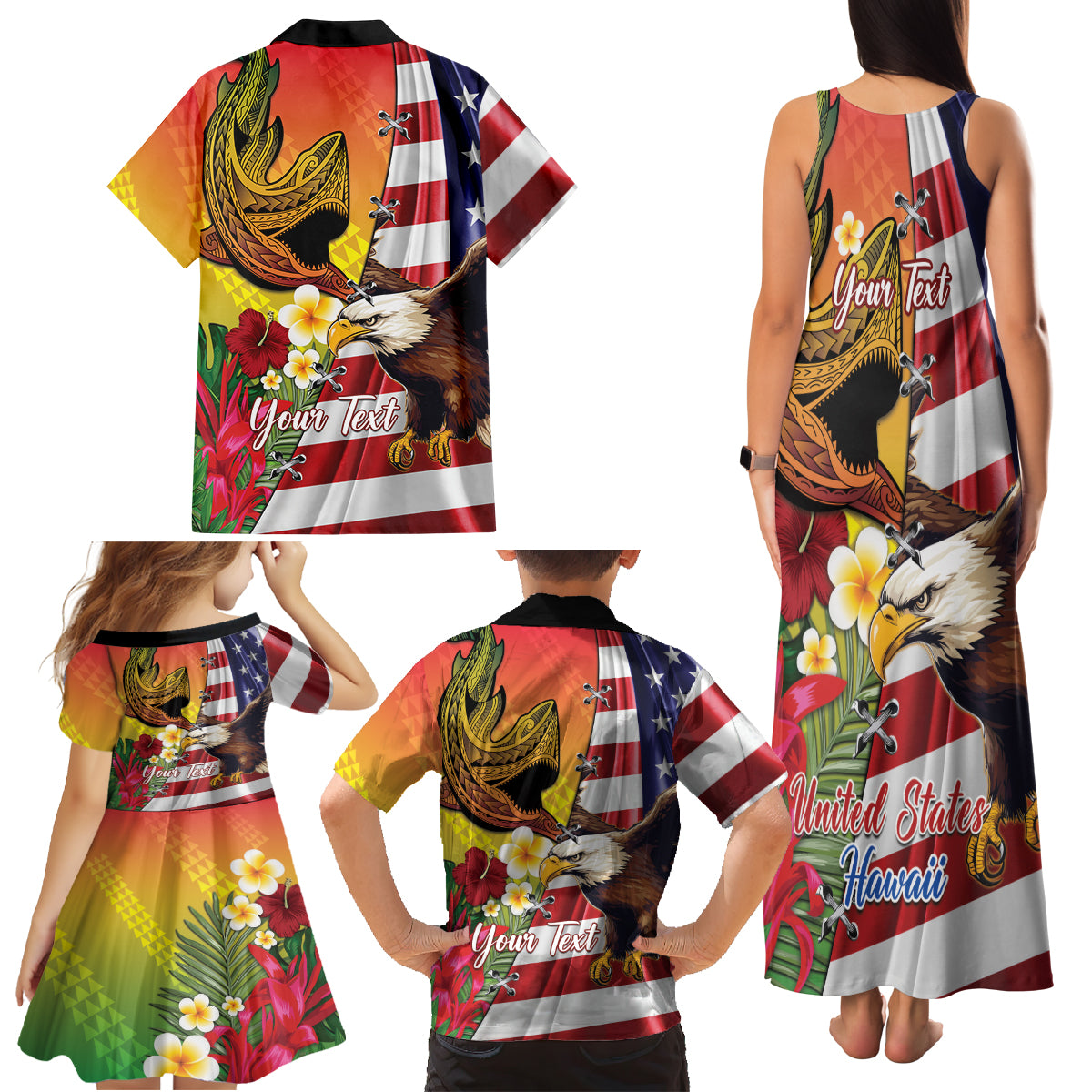 Personalised United States And Hawaii Family Matching Tank Maxi Dress and Hawaiian Shirt USA Eagle With Hawaiian Shark Tattoo LT14 - Polynesian Pride