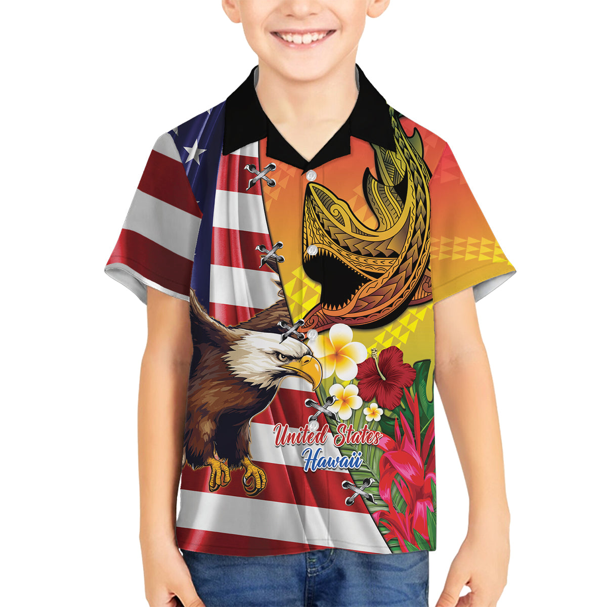 Personalised United States And Hawaii Family Matching Tank Maxi Dress and Hawaiian Shirt USA Eagle With Hawaiian Shark Tattoo LT14 Son's Shirt Red - Polynesian Pride