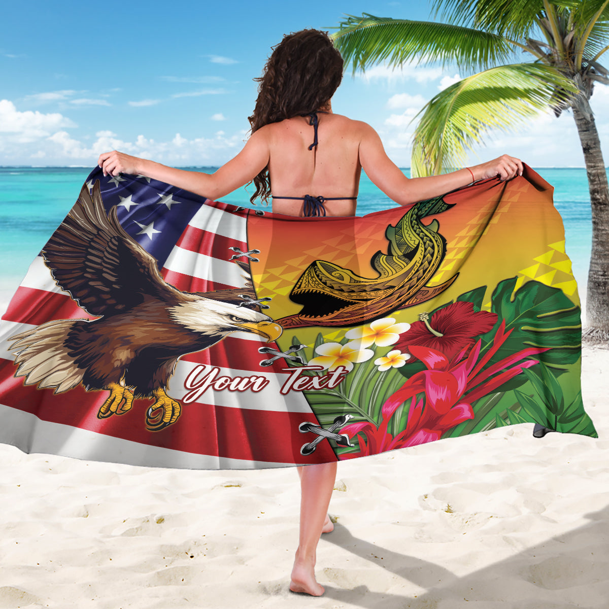 Personalised United States And Hawaii Sarong USA Eagle With Hawaiian Shark Tattoo