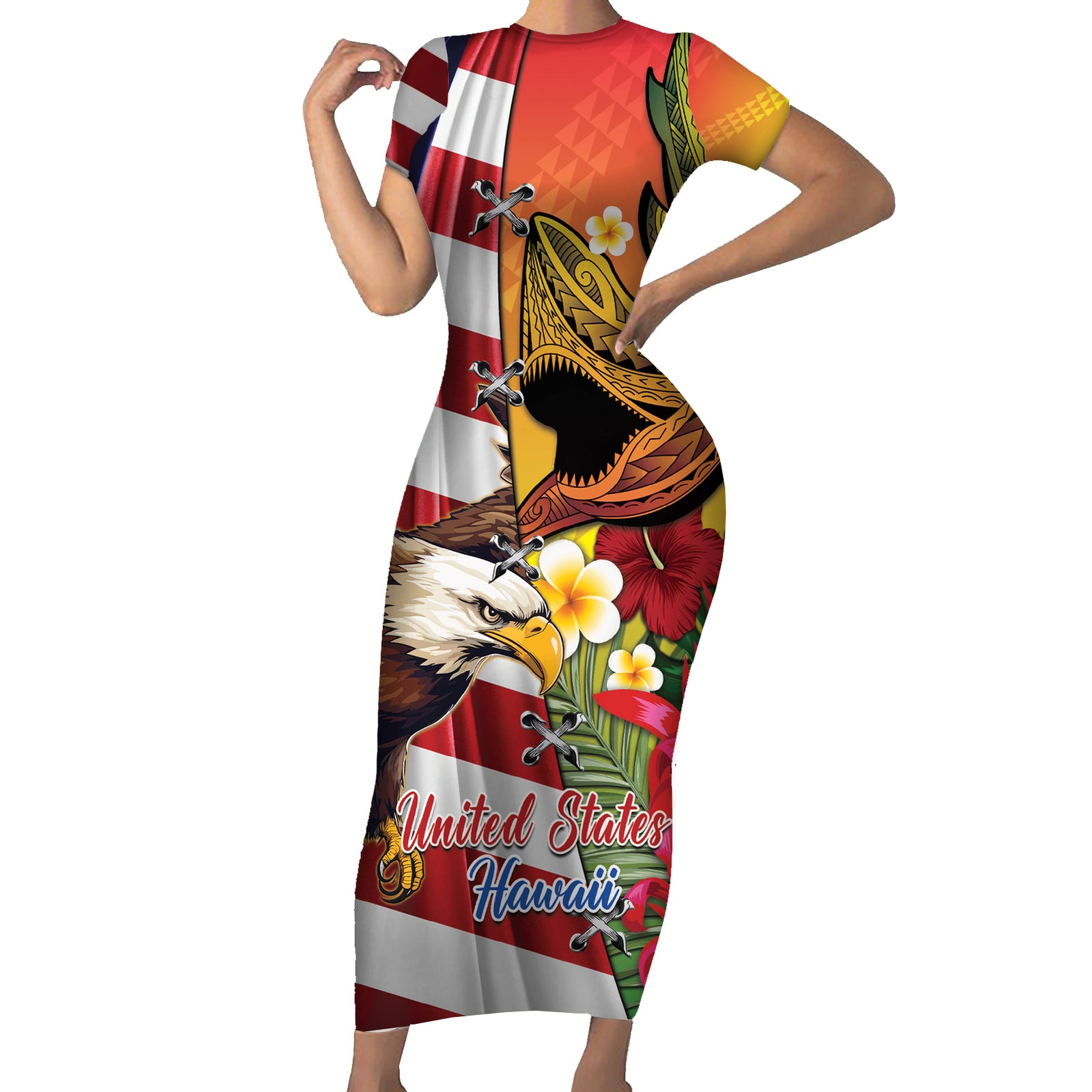 Personalised United States And Hawaii Short Sleeve Bodycon Dress USA Eagle With Hawaiian Shark Tattoo