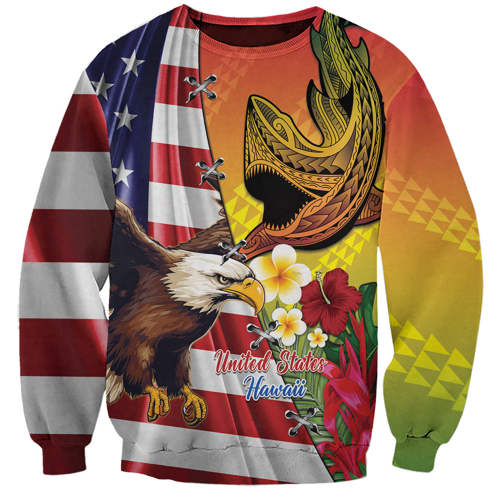 Personalised United States And Hawaii Sweatshirt USA Eagle With Hawaiian Shark Tattoo