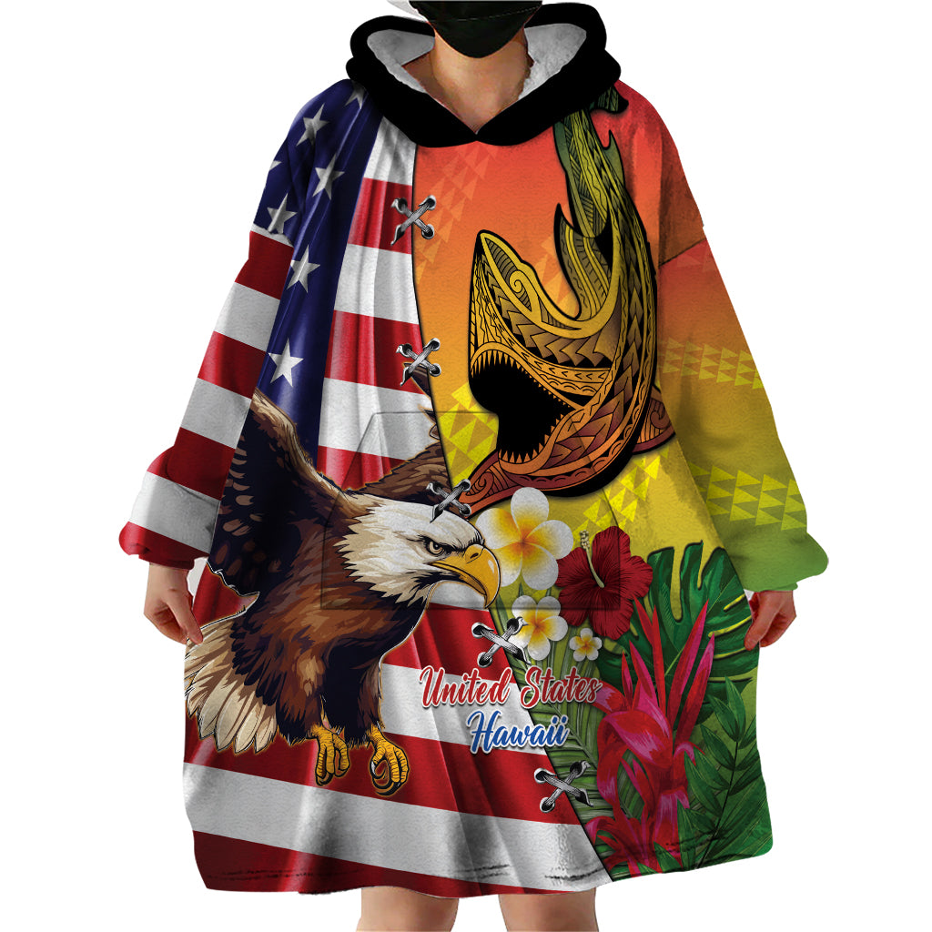 Personalised United States And Hawaii Wearable Blanket Hoodie USA Eagle With Hawaiian Shark Tattoo LT14 - Polynesian Pride