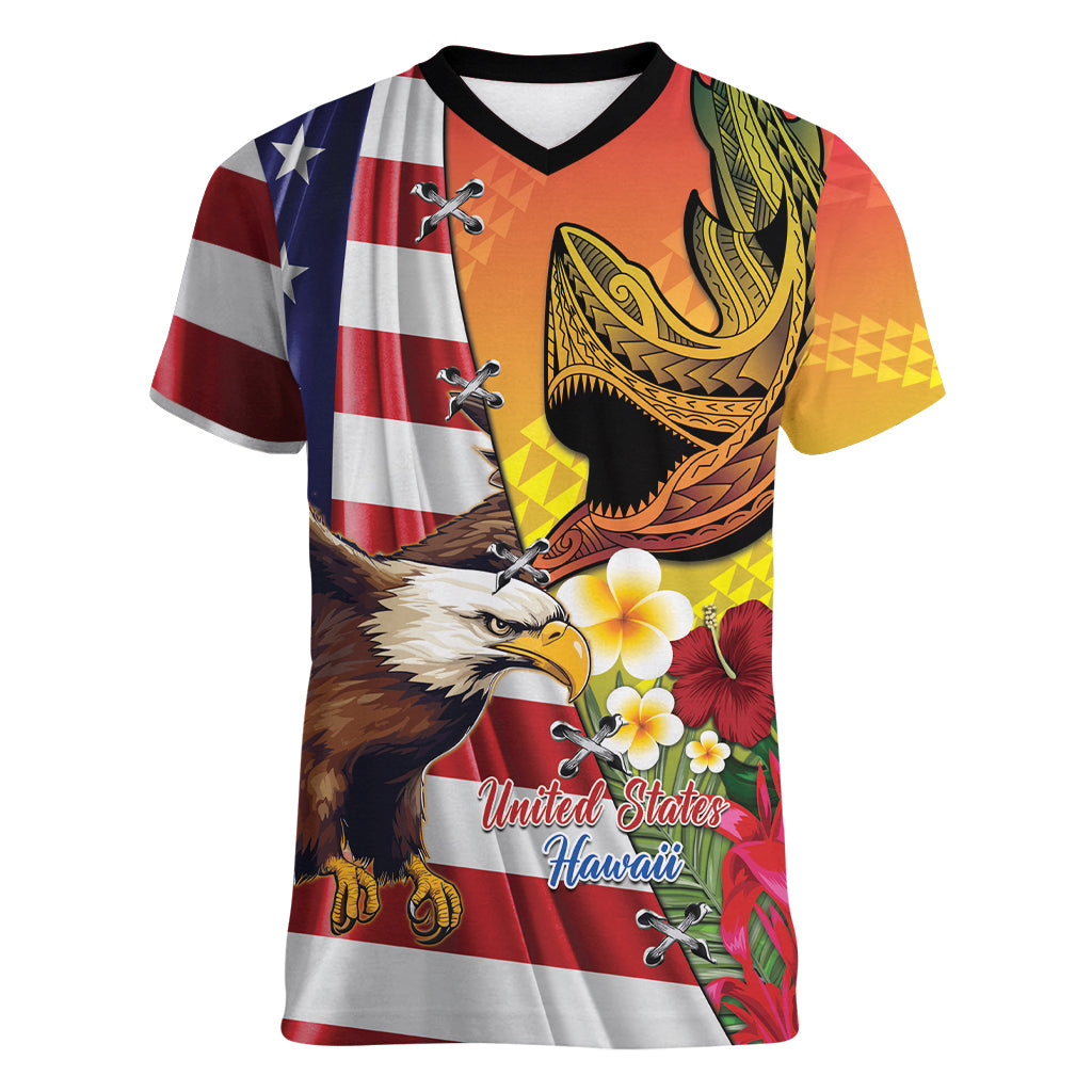 Personalised United States And Hawaii Women V Neck T Shirt USA Eagle With Hawaiian Shark Tattoo