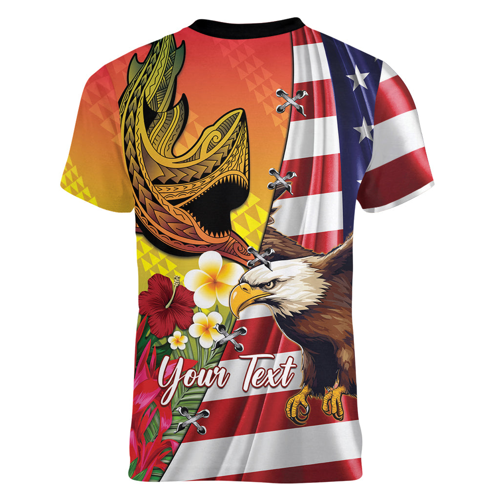 Personalised United States And Hawaii Women V Neck T Shirt USA Eagle With Hawaiian Shark Tattoo